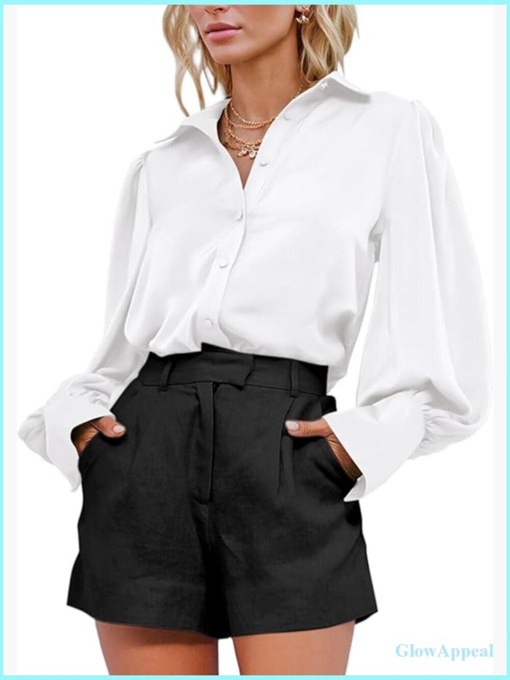 Satin Button Down Blouse Lantern Sleeve Dressy Work Top